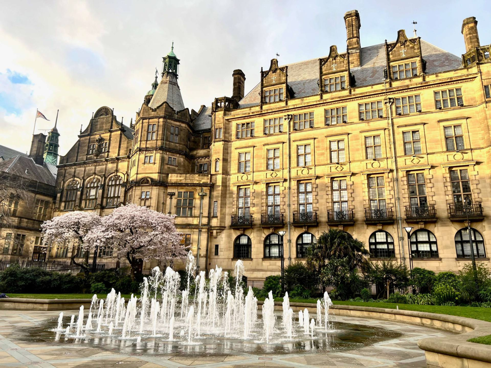 Sheffield town hall Peace Gardens in Spring with Fountain